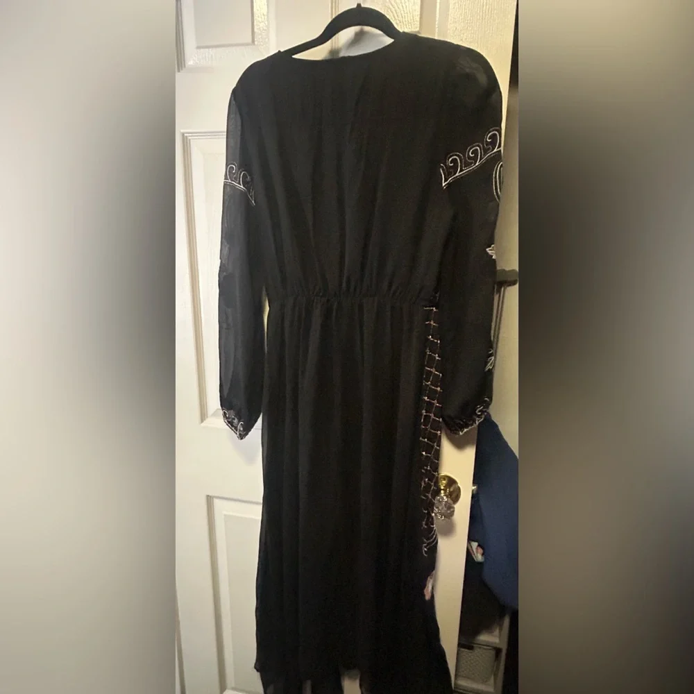 Black Dress with Pink and Orange embroidery V-Neck Long Sleeve Sundress - Picture 3 of 4